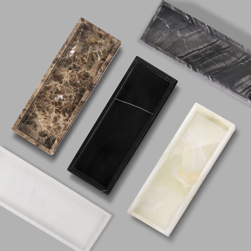 Real Natural Marble Tray with Handle Luxury Rectangular Washbasin Vanity Storage Tray Bathroom Accessories