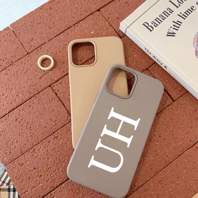 Capa de couro de luxo com letras iniciais personalizadas para iPhone, Sólido Personalize Nome PU Cover, 14 Pro Max, 13, 12, 11 Pro Max, XR, XS Max