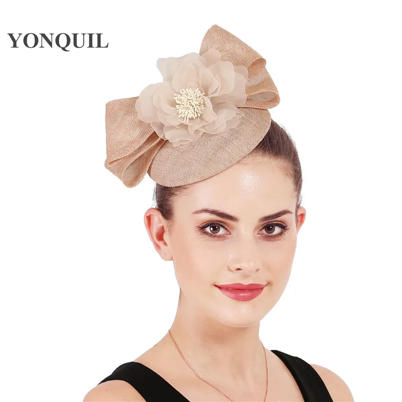 Vintage Champagne Linen Hats Fascinator With Handmade Bow Flowers Elegant Bridal Wedding Hat Headwear Fahison Flower Feora Caps