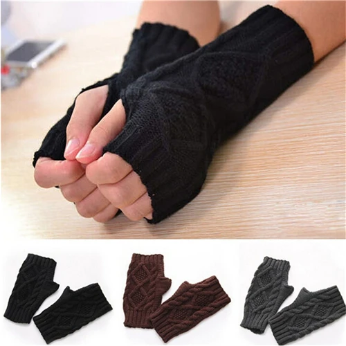 Women Combing Fine Wool Cable Fingerless Gloves Thick Soft Knitted Woolen Arm Warmers Thumb-hole Arm Sleeve Autumn Winter