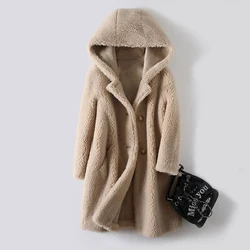 Women 2023 Winter New Real Lamb Fur Coat Female Genuine Granular Sheep Shearing Jacket Ladies Casual Warm Hooded Outerwear M148