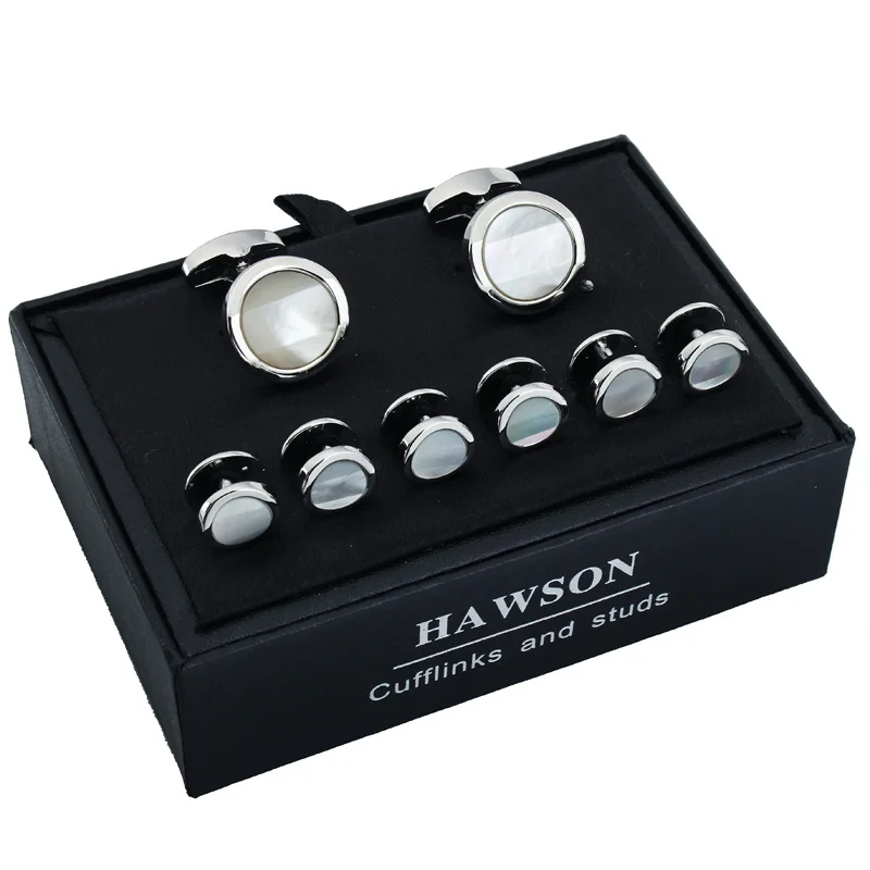 HAWSON New Arrival 8 PCS Circular Surface Mother of Pearl Cufflinks Studs Tuxedo Shirt Jewelry for Dress Shirt
