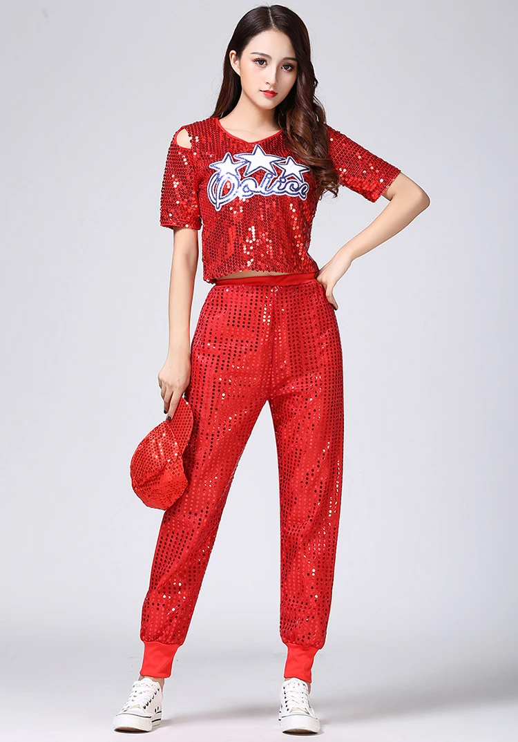 Fashion Adult Hip Hop Street Dancing Clothes Set High Quality Women Jazz Dance Costume Sequined Top+Pants Stage Dance Wear