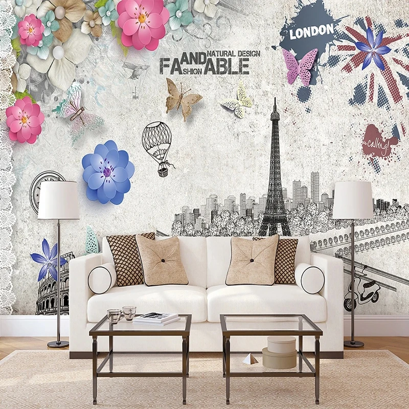 

Custom Murals Wallpaper Nordic Retro Iron Tower Classical Architecture Art Wall Cloth Restaurant Cafe Background Wall Painting