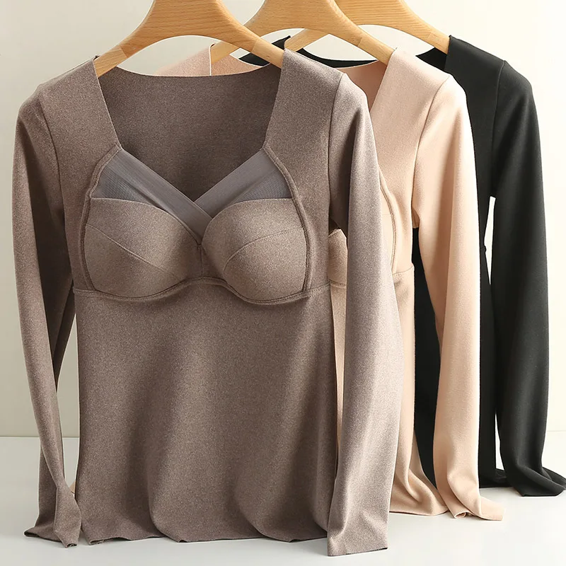 

Thermal Shirt Underwear Women Warm Winter Elastic Soft Thermo Seamless Tops Female Bottoming Qiuyi Sexy Lace V-Neck Slim Body