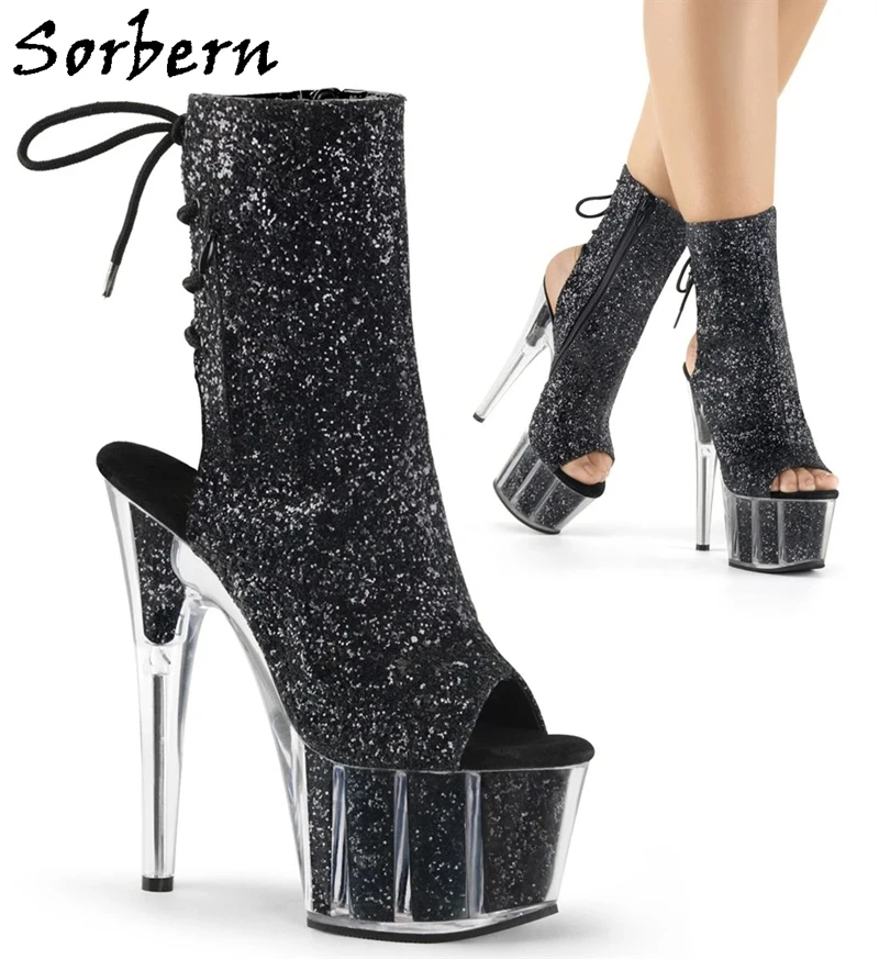 

Sorbern Black Sequins Glitter Women Boots Peep Toe Shoes Lace Up Back 15Cm Extreme High Heel Platform Booties Stripper Heels