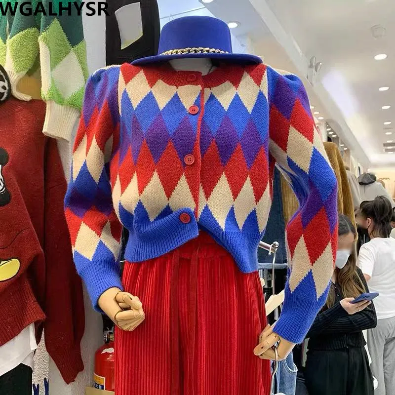

Spring Autumn Women's Cardigan Vintage Rainbow Diamond Plaid Knitted Top Slim O-Neck Casual Loose Sweater