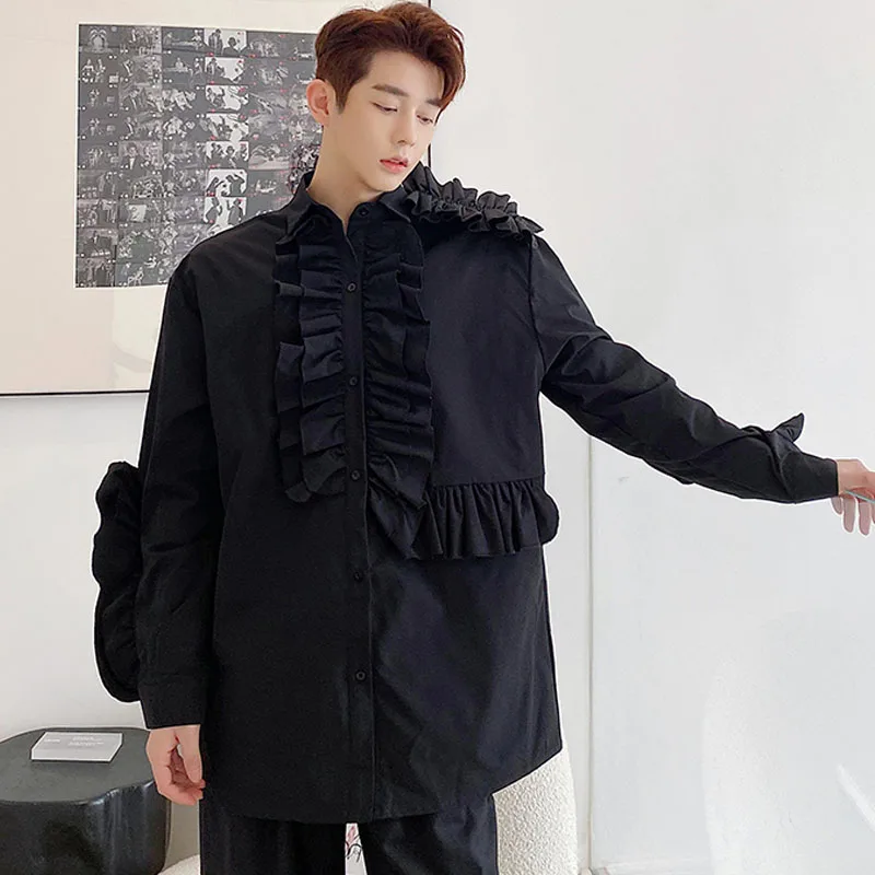 Men Lace Side Splice Long Sleeve Casual White Black Shirts Male Japan Fashion Show Vintage Fashion Loose Shirts Stage Clothing