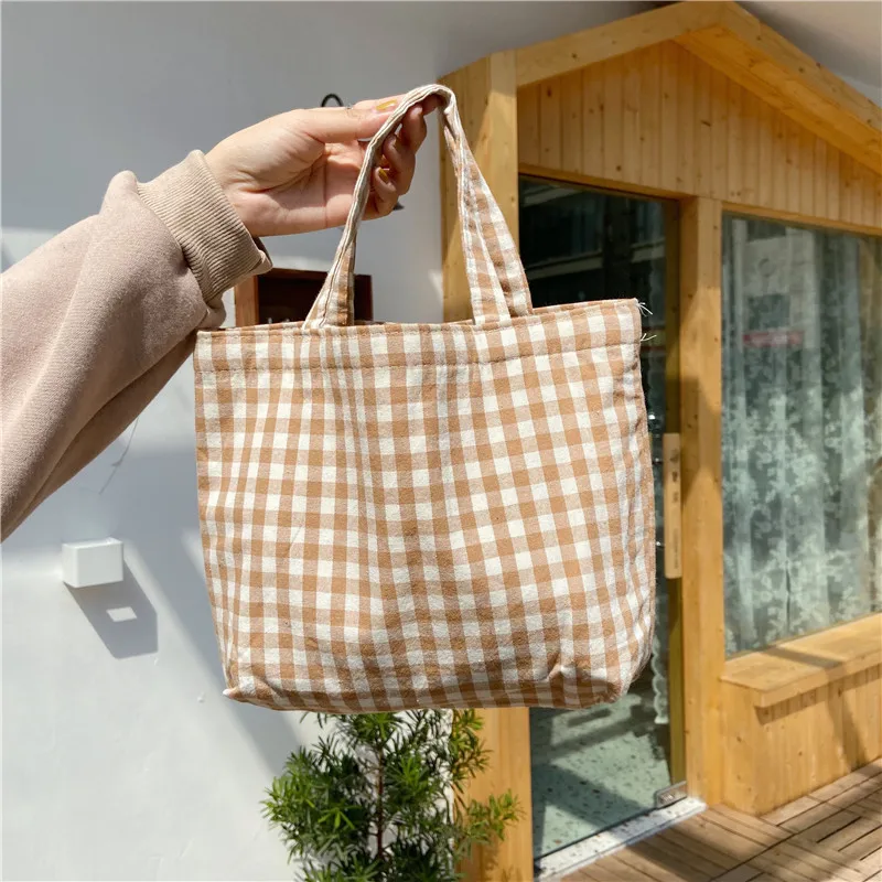 Portable Cotton Women Lunch Bento Bag Vintage Plaid Canvas Ladies Small Handbags Simple Female Cloth Mini Tote Bag Clutch Purse