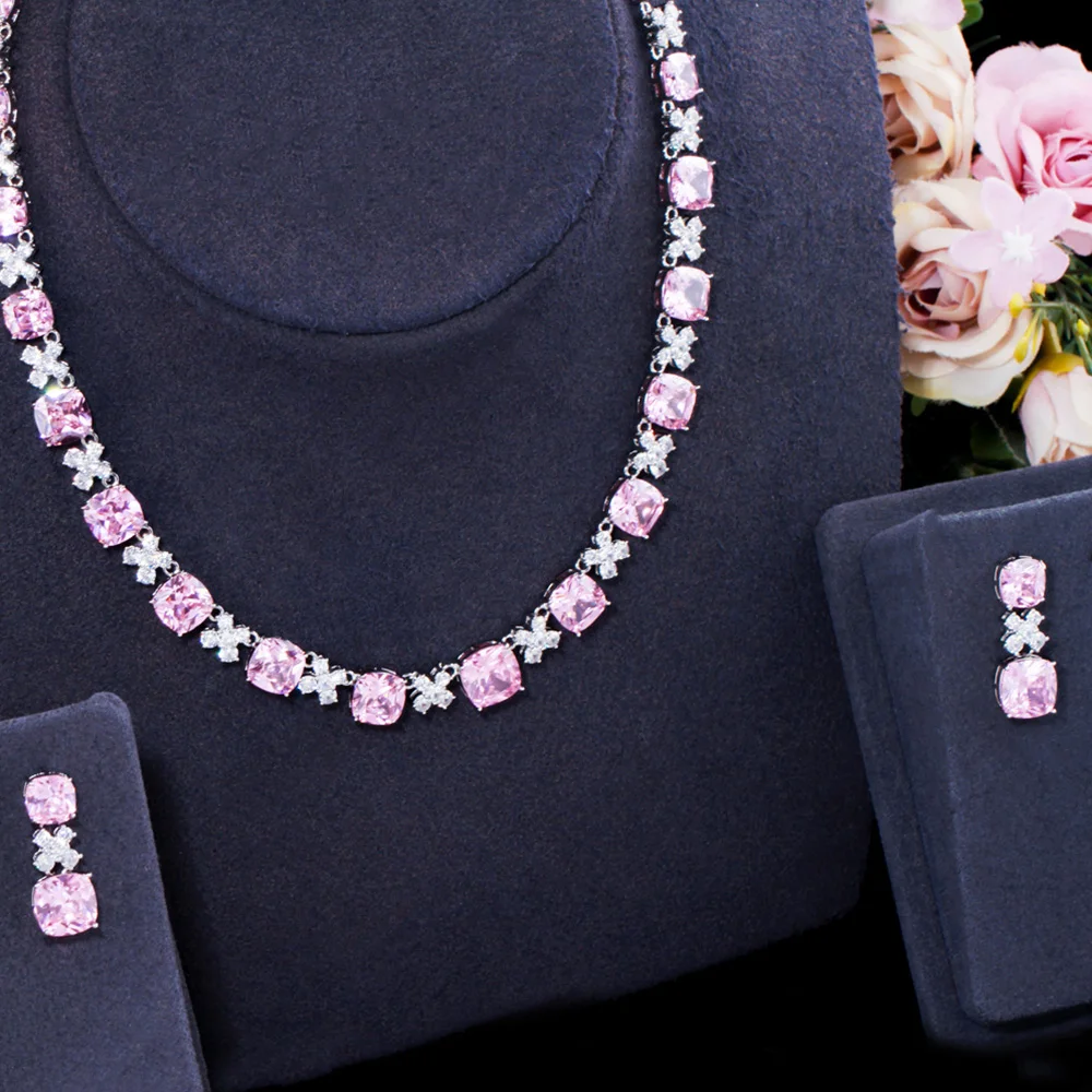 

Pera Sweet Pink Cubic Zirconia Square Flower Charm Drop Earrings Choker Necklace Engagement Party Jewelry Sets for Brides J473