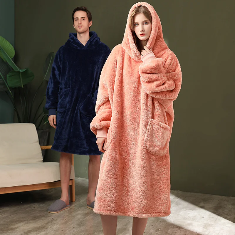 

Women Mens Fleece Poncho Blanket Cozy Hooded Robe Winter Wearable Blanket Warm TV Shawl Cape with Pockets