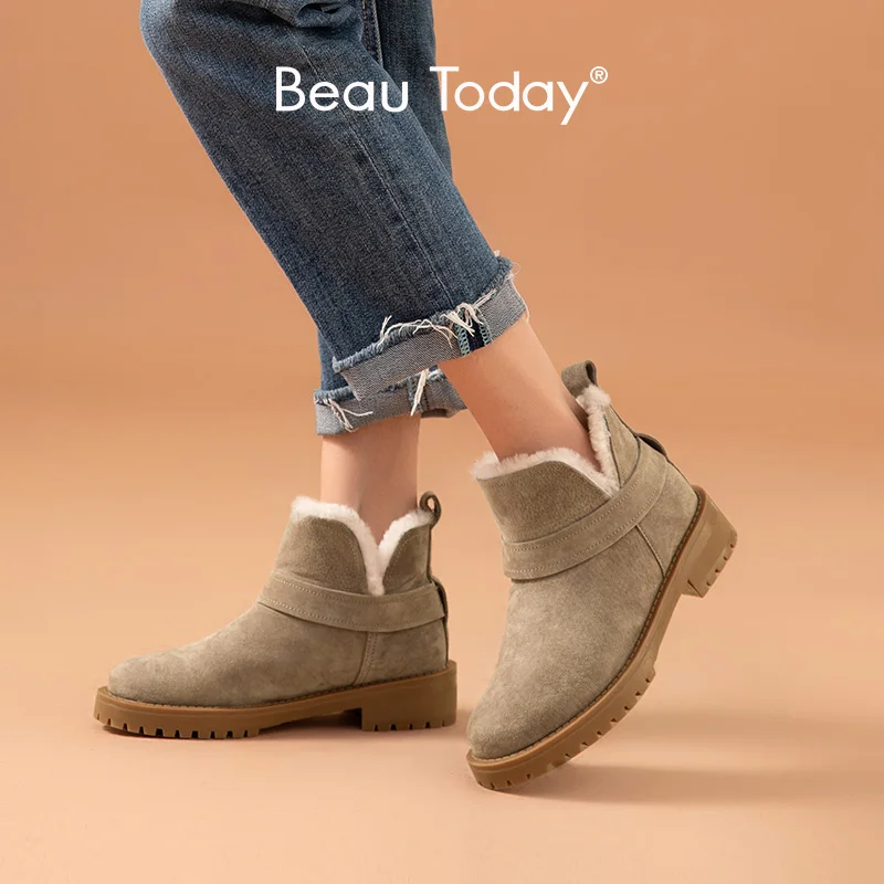 

BeauToday Snow Boots Suede Leather Women Platform Round Toe Warm Wool Female Winter Ankle Boots Handmade 03280