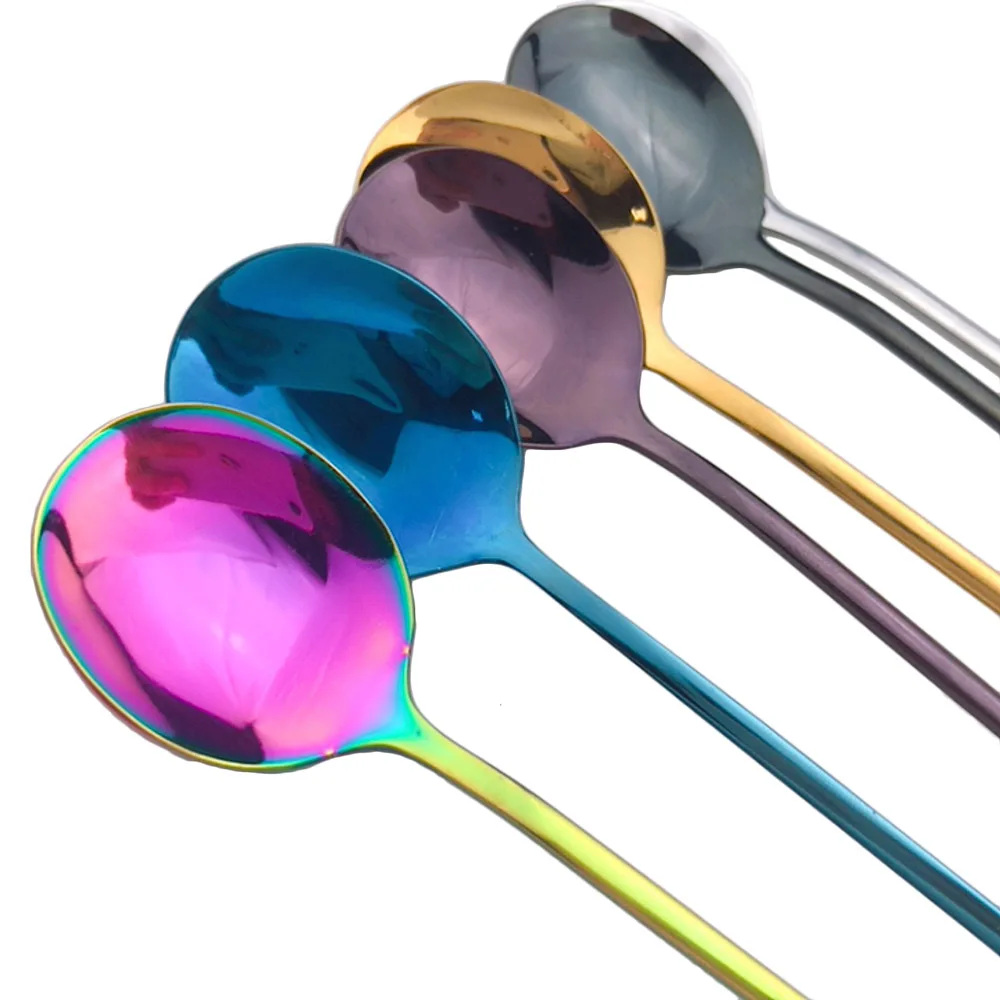 Colorful Rainbow Black Coffee Dinner Dessert Spoons Table Teaspoon Round Scoop Long Handle Spoon Dinnerware Salad Drinking 1pc