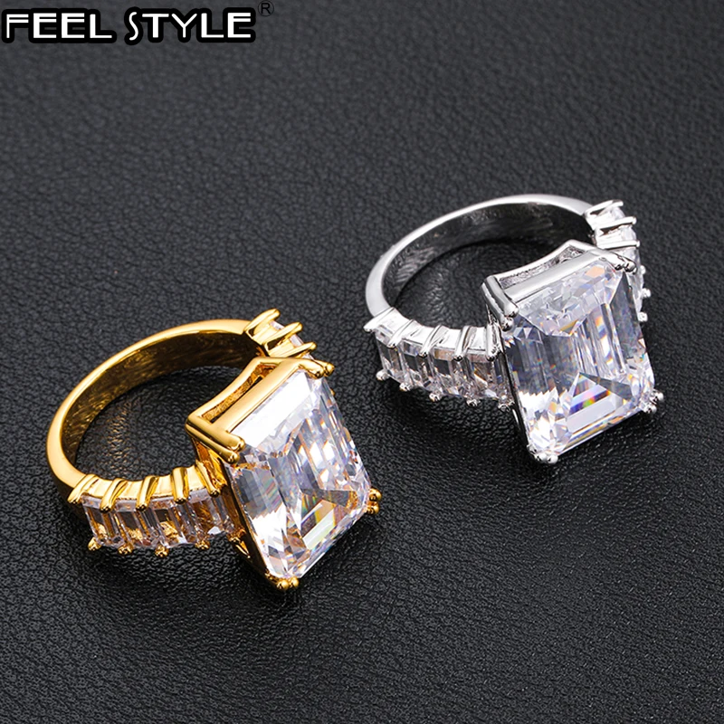 Hip Hop Popular CZ Stones Square Stone Baguette Rings Tready Bling Iced Out Copper Zircon Ring For Men Women Jewelry