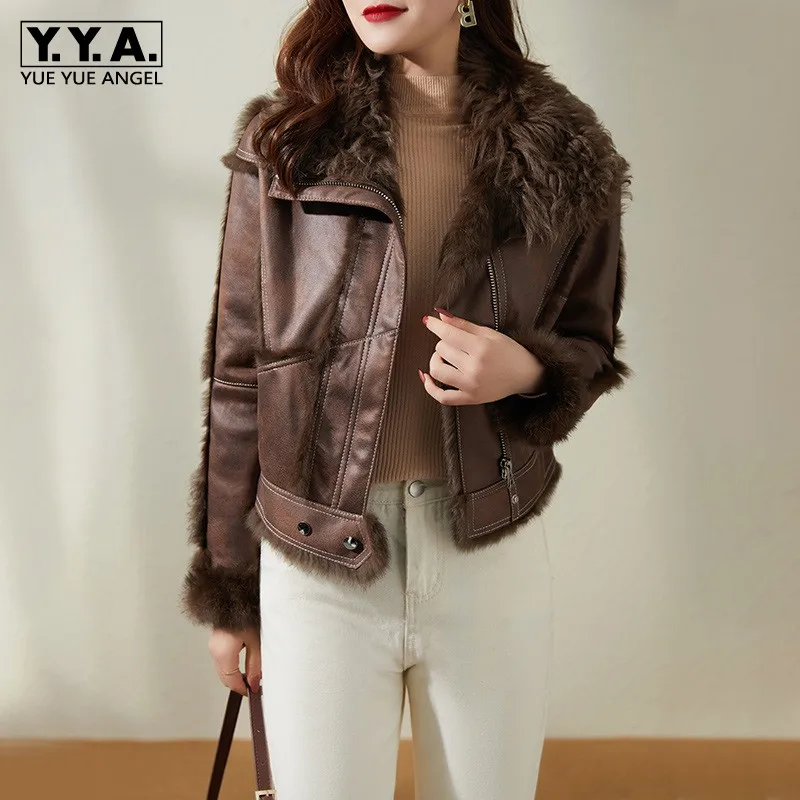 

Luxury Women Suede Short Coat Autumn Winter Natural Rabbit Fur Splice Jacket Streetwear Office Lady Full Sleeve Outerwear S-XL