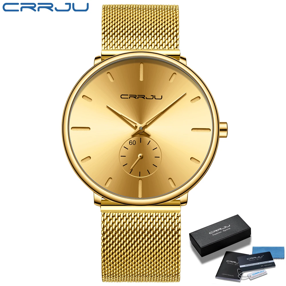 CRRJU Men's Casual Sports Waterproof Watches Luxury Analog Quartz Wrist Watch for Men Stainless Steel Gold Watches 2021