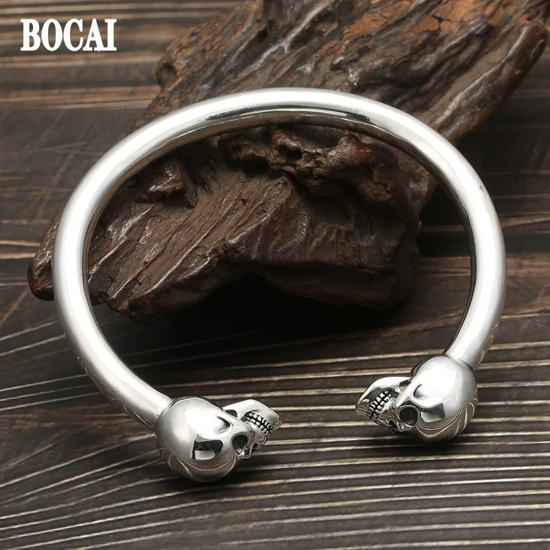 

BOCAI New Real Solid S925 Silver Jewelry Trendy Punk Skull Man Bracelet Rock Hip-Hop Locomotive Dark Style