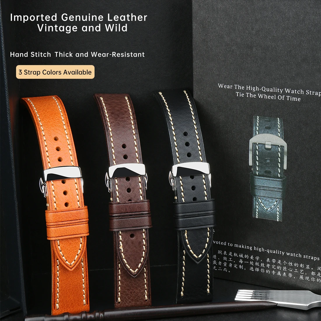 MAIKES Handmade Watch Band Genuine Cow Leather Watch Strap With Butterfly Buckle Bracelet For MONTBLANC Tudor Watchbands