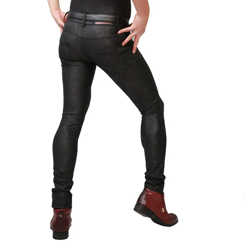 

Mens Summer Sexy Skinny Pencil Pants Thin Stretchy Dark Camouflage Printed Long Trousers Punk Style Pu Leather Elastic Leggings
