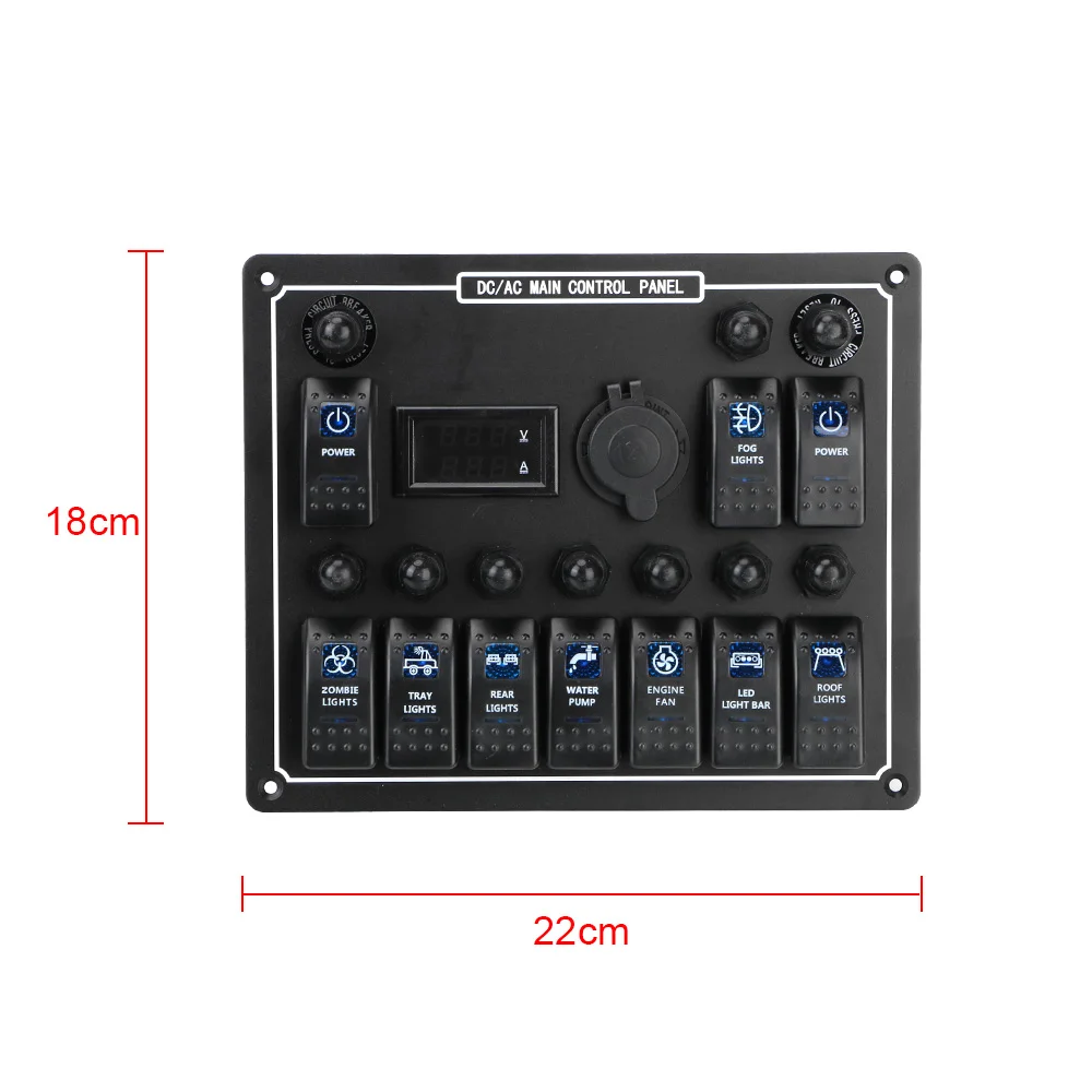 Overload Protection 10 Gang Rocker Switch Panel Waterproof Car Auto Marine LED AC/DC 15A DC Output Dual Power Control