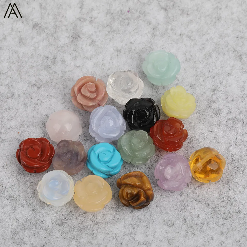 15pcs/lot 10mm Natural Agates Lapis Fluorite Stone Quartz Crystal Carved Rose Flower Shape Earring Beads For Jewelry DIY Making