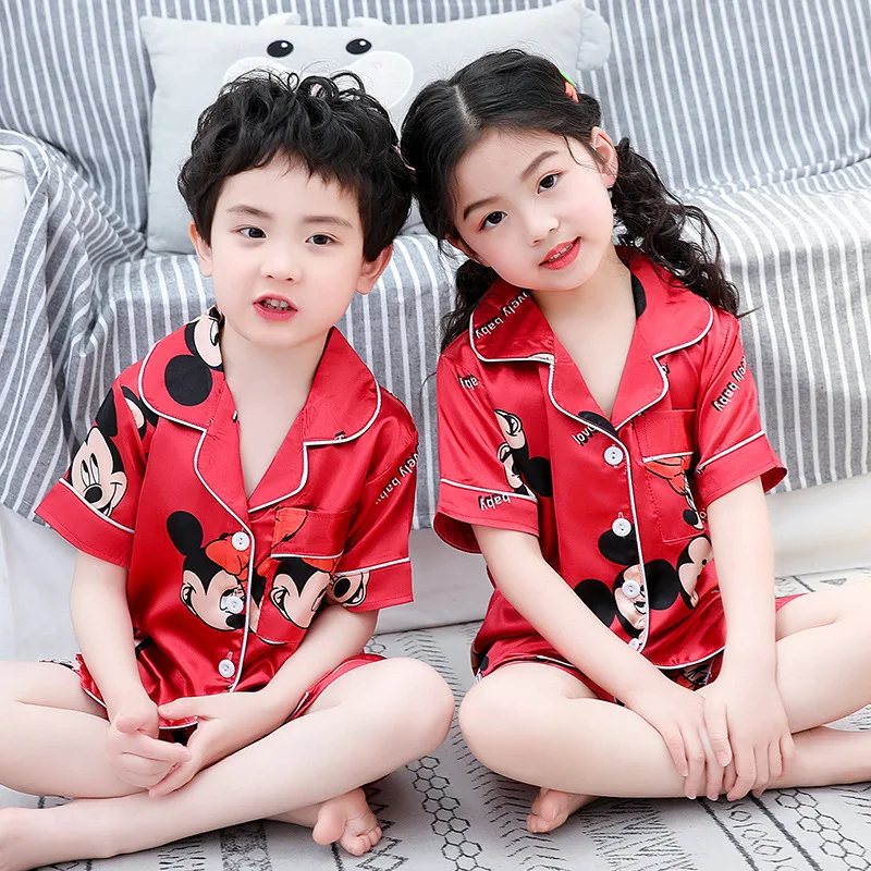 New Mickey Kids Pyjamas Silk Satin Tops Pant Summer Sleepwear Girls Boy Pajama Sets Children's Clothing Boys Minnie Pijama Set