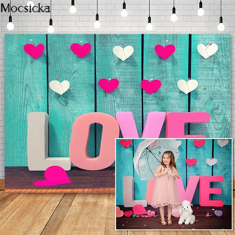 

Mocsicka Valentine's Day Blue Wooden Wall Photography Backdrops Love Heart Decor Photobooth Background For Photo Studio Props