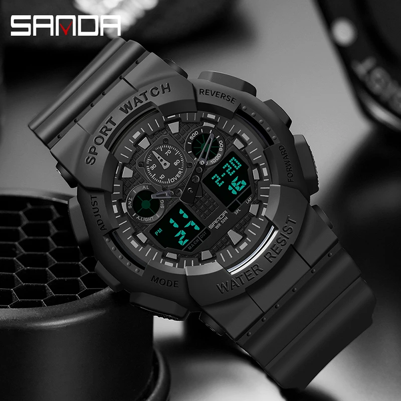 SANDA Sport Watch Dual Time Men Watches 50m Waterproof Male Clock Military Watches for Men Shock Resisitant Sport Watches Gifts