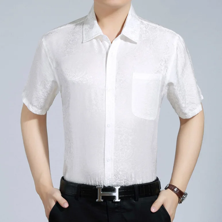 

100%Silk Boollili Summer Shirt Men White Short Sleeve Shirt High Quality Men Dress Shirts Korean Social Camisa Hombre