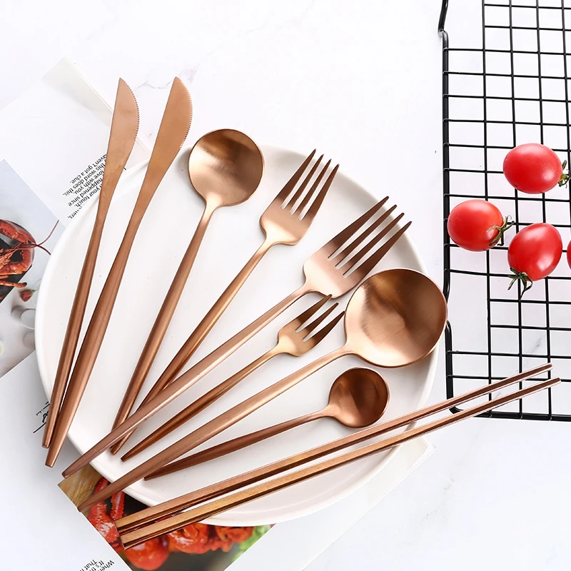 

Rose Gold Cutlery Set Spoon Fork Knives Silverware Set Dessert Butter Spoon Chopsticks Kitchen Dinnerware set Western