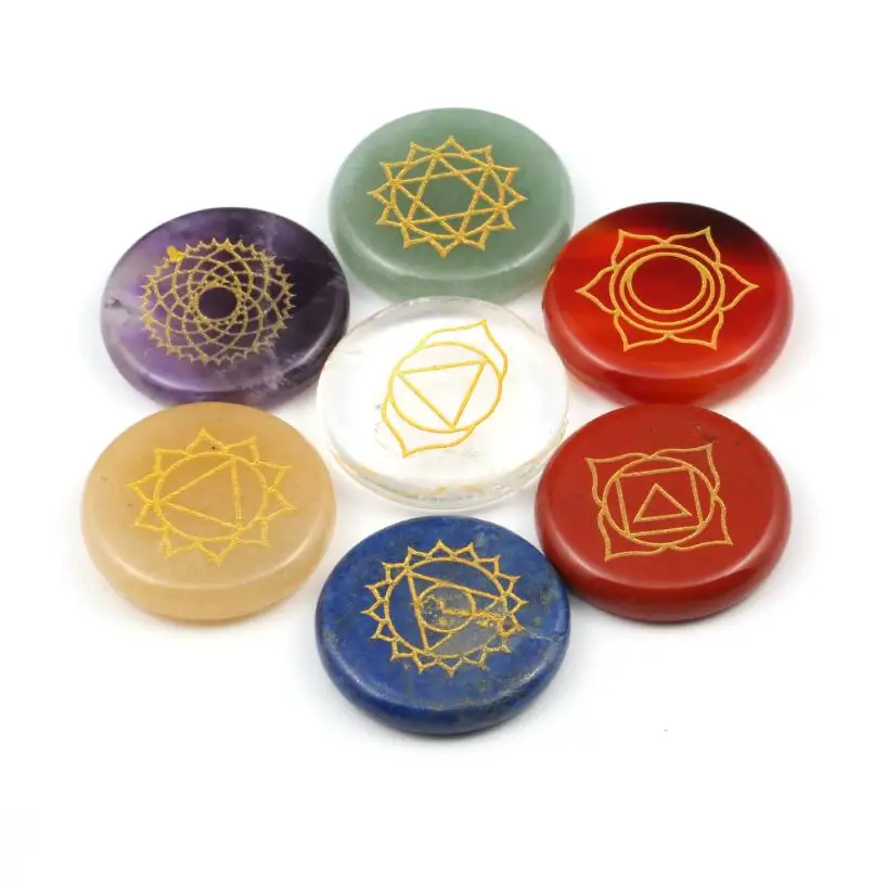 Reiki Chakra Healing Stones w/ Chakra Case Set of 7 Chakra Stones with Engraved Chakra Symbols 25mm