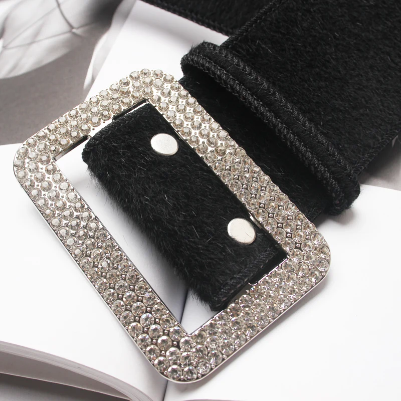 Design Corset Big Buckle Wide Belts Female Decorate Waistband Fashion Black Flannel Velvet Rhinestones Waist Belt For Dress