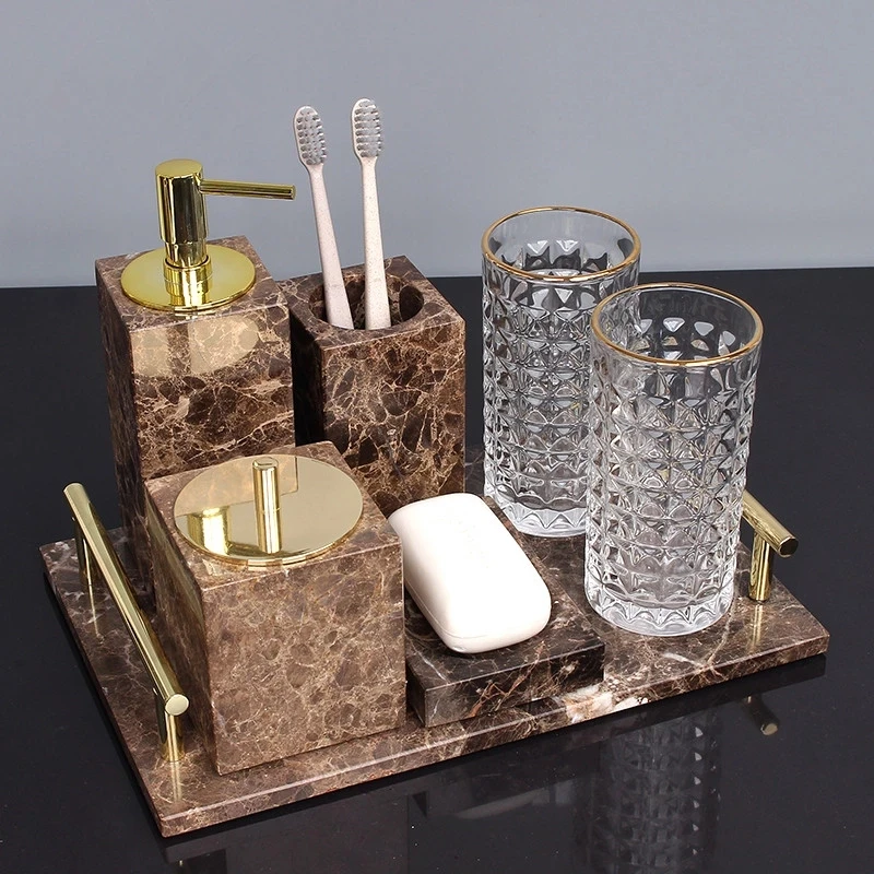 Tuqiu Bathroom Accessories Set Marble Gold Soap Dispenser Tooth Brush Holder Cotton Swab Box Luxury Bathroom Hardware Set