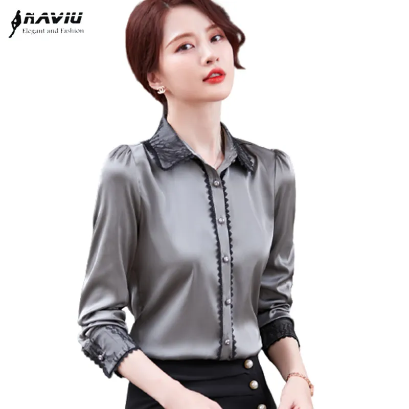 Gray Shirt Women Lace Patchwork Design High End 2022 New Autumn Long Sleeve Formal Acetate Blouses Office Ladies Work Tops