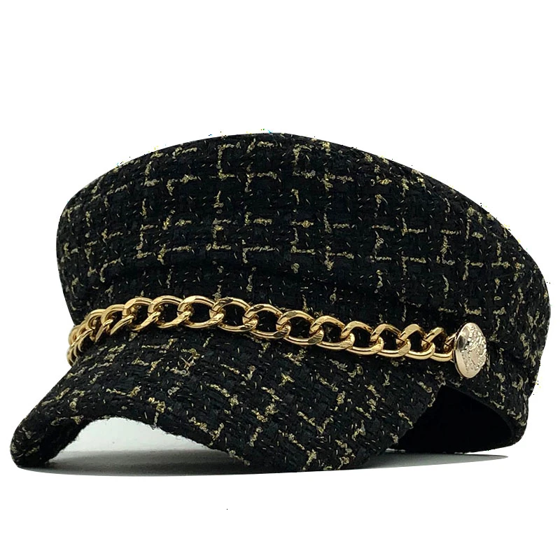 2019 New women hats Tweed plaid newsboy caps chain flat top visor cap vintage plaid military cap female autumn winter hats