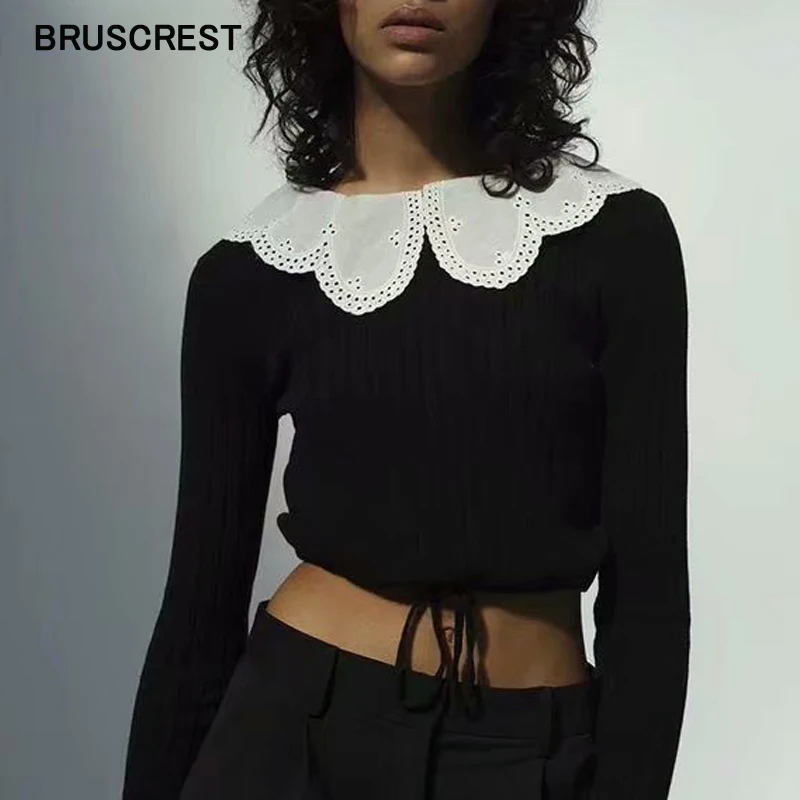 woman sweaters vintage winter tops knitted long sleeve crop top sweater  korean cropped sweater kawaii pulovers peter pan collar