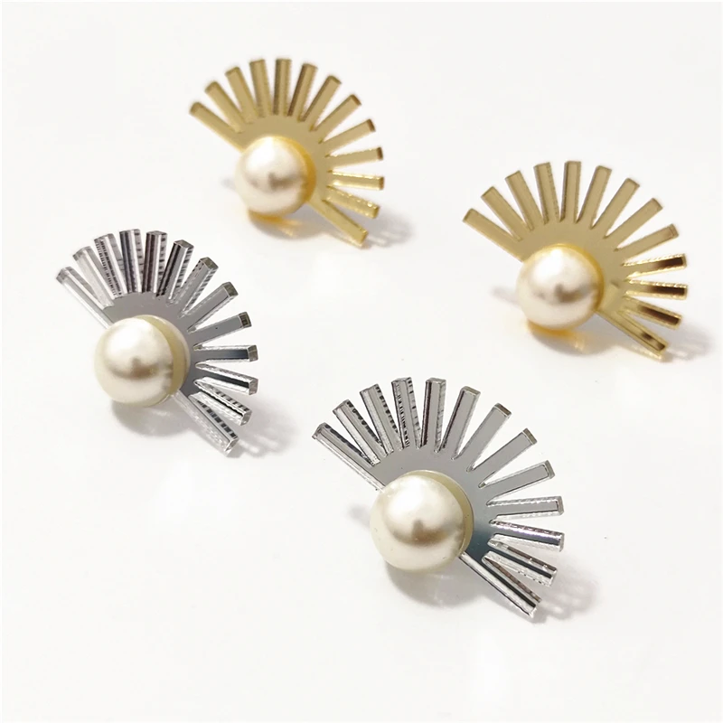 KUGUYS Fan Hollow Out Sunflower Imitation Pearl Stud Earrings for Women Acrylic Jewelry Fashion Trendy Mirror Gold Silver Color