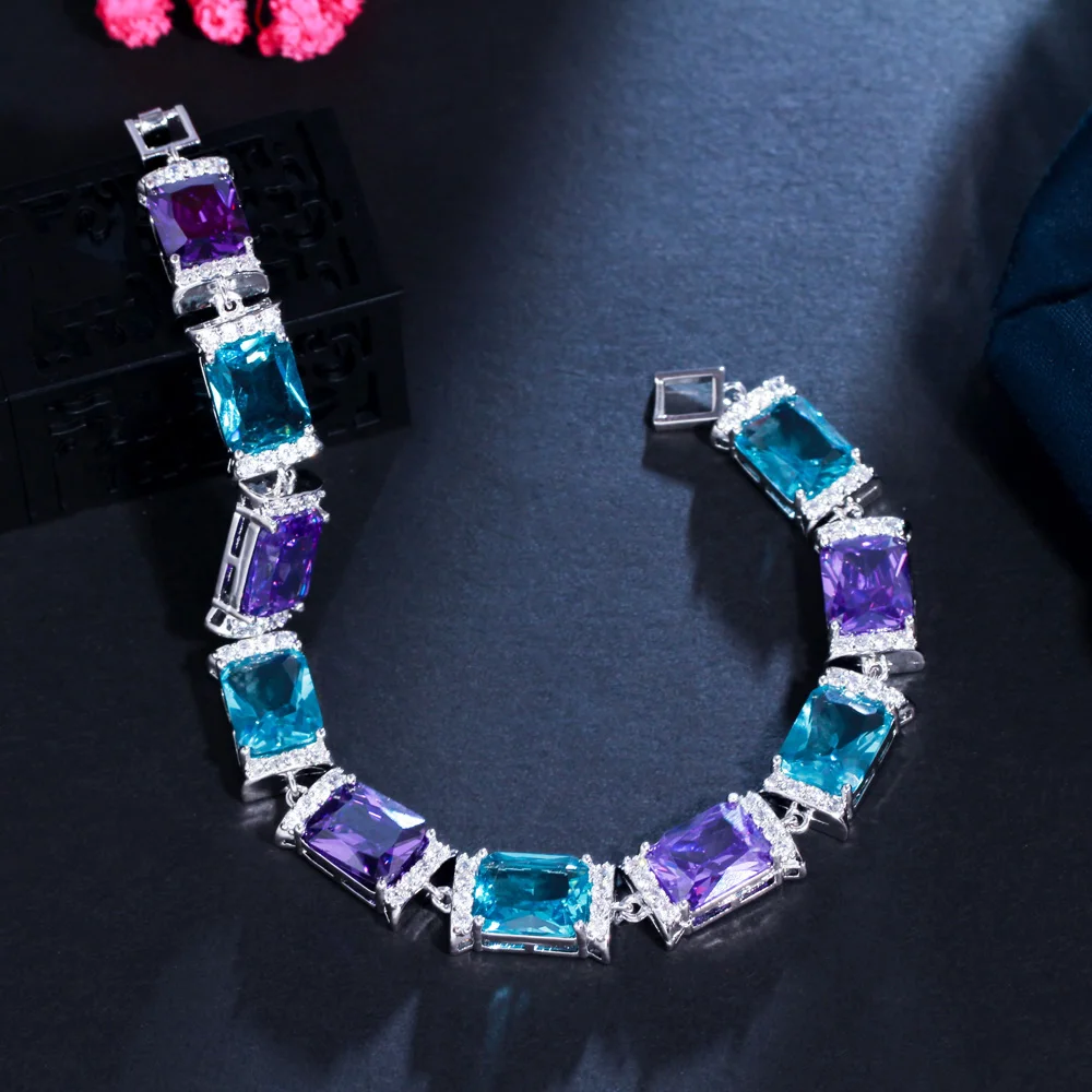 CWWZircons Rectangle Purple Blue Cubic Zirconia Crystal Big Luxury Bracelets for Women White Gold Plated Party Jewelry CB283