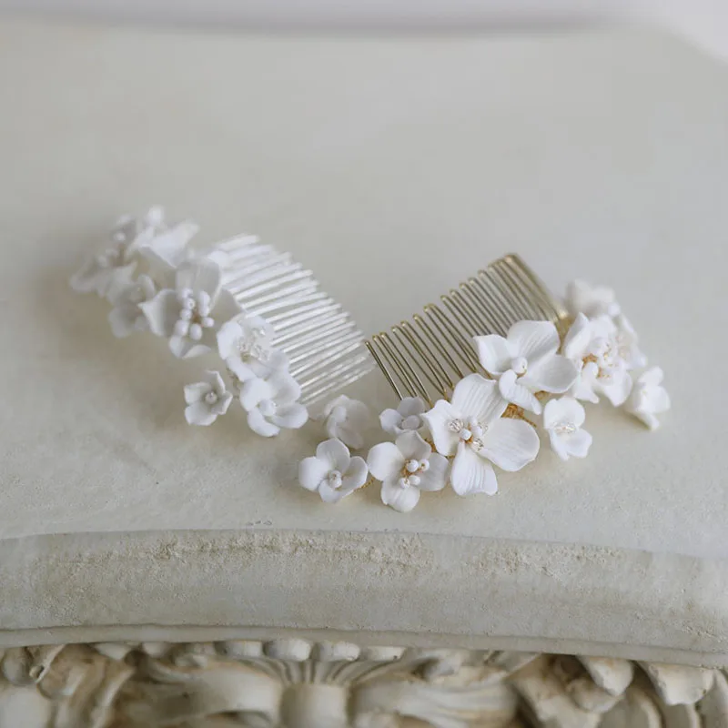 SLBRIDAL Handmade Ins Style White Porcelain Flower Leaf Pearls Bridal Hair Comb Wedding Headband Hair accessories Women Jewelry