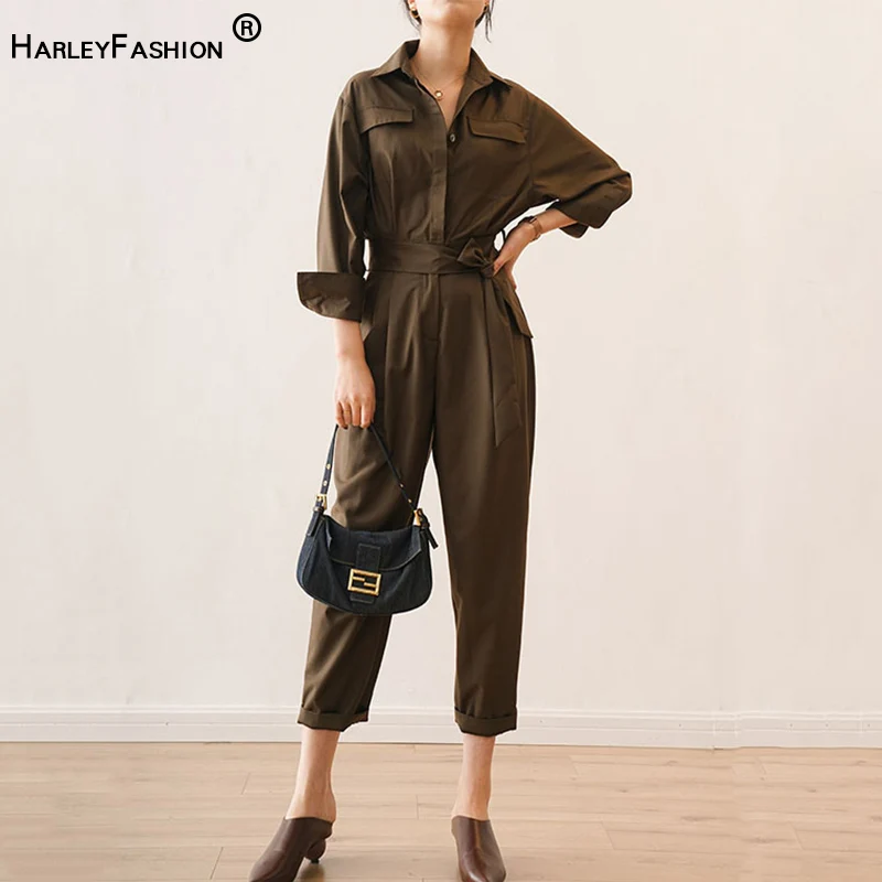 

Russian Women High Street Quality Jumpsuits Brown Color Spring Fall Fitness Ankle-length Handsome Slim Jumpsuits with Slash