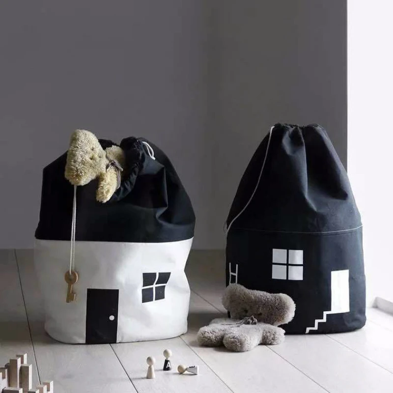 INS Toy Storage Organizer Bag Drawstring Bag Nordic Style House Shape Design Kids Storage Basket Cotton Canvas Home Decor Gift 2