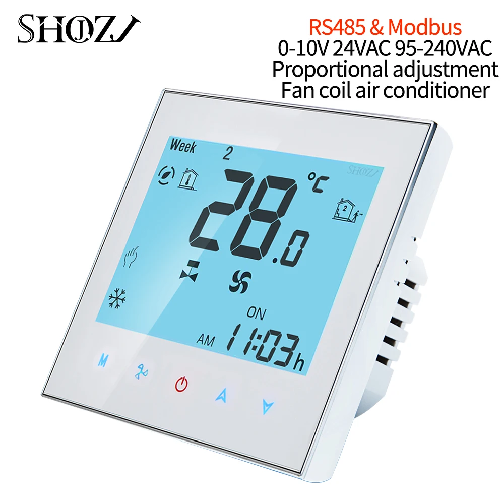 RS485& Modbus RTU 0-10V 24V 95-240V temperature control thermostat switch for fan coil heating and cooling 2P/4P three wind spee