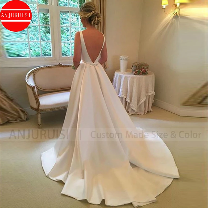 White Satin A Line Wedding Dress 2020 Scoop Sweep Train Backless Simple Bridal Gowns Vestido De Casameto Cheap Robe De Mariage