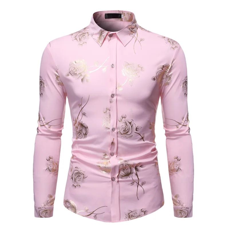 Stylish Rose Floral Gold Print Pink Shirt Men 2020 New Slim Fit Long Sleeve Mens Dress Shirts Club Party Wedding Camisa Social