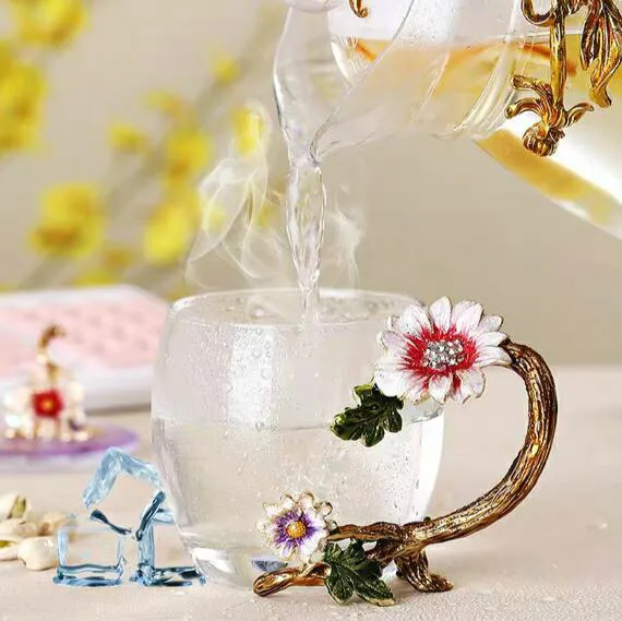 Enamel Tea mug High temperature resistance crystal Flower Tea set breakfast mug Drinkware afternoon Tea cup beautiful gift