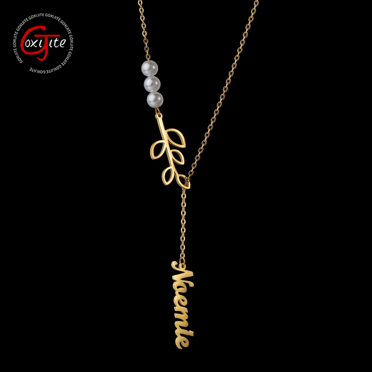 

Goxijite 2021 Fashion Custom Name Pearl Hollow Leaves Necklace For Women Personalized Hanging Letter Nameplate Necklace Gift