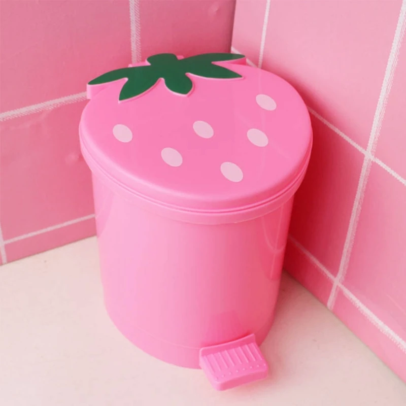 Pink Red Strawberry Cute Waste Bin Desktop Portable Plastic Mini Garbage Basket Home Bedroom Storage Bucket Trash Can With Lid