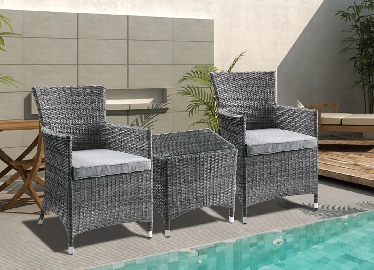 Patio Bistro Set (3Pc) in Gray Fabric & Gray Wicker Patio Furniture Set  [US-Stock]