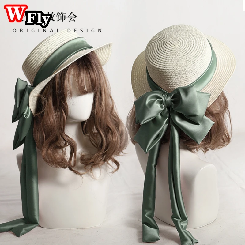 Harajuku Sweet Women Girls Summer Seaside Straw Sun Hat Kawaii Lolita Cosplay Lace Ribbon Bowknot Straw hats Ladies Elegant Cap