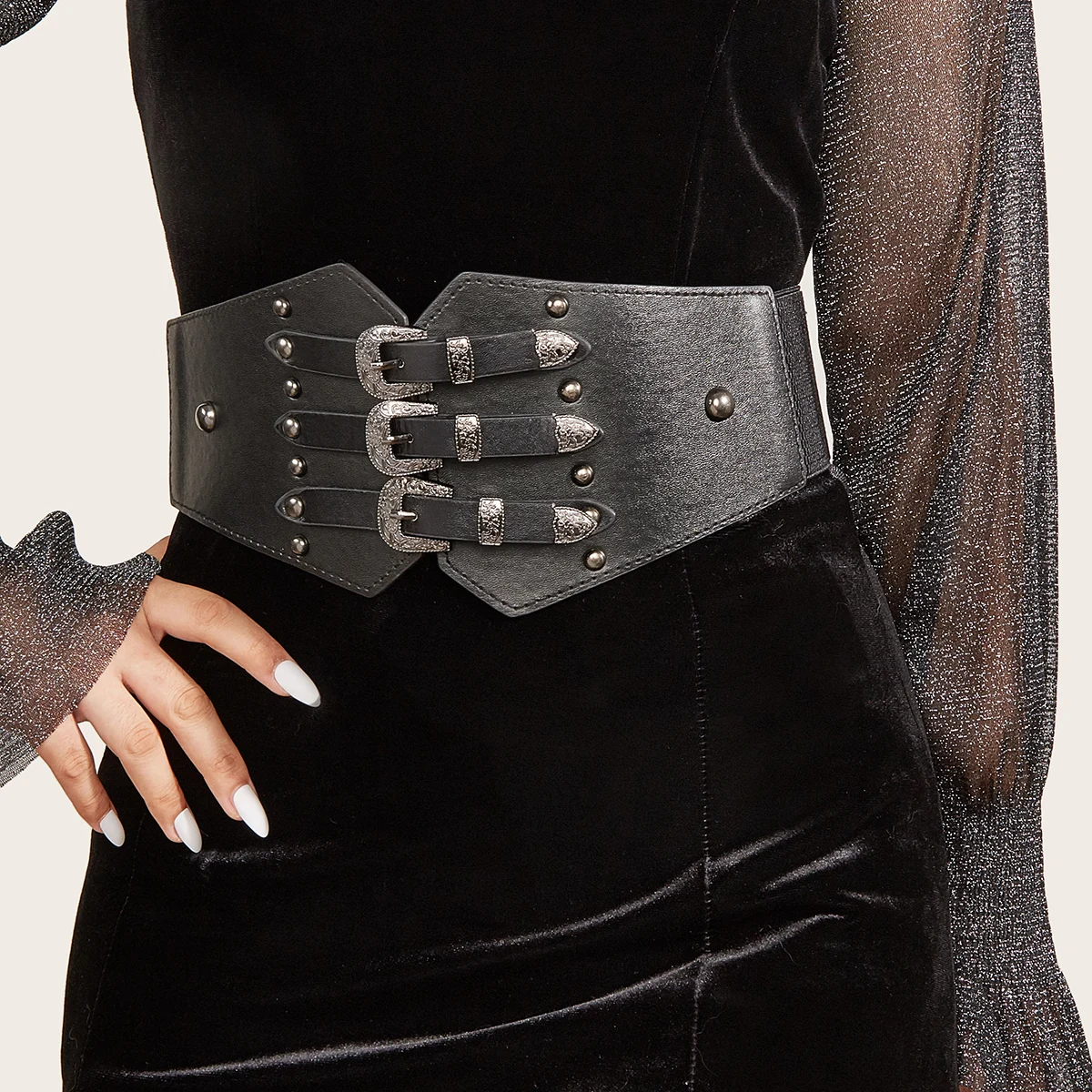 

Luxury Brand Ladies Elastic Waist Black Wide Belt European And American Retro Metal Rivets With Dresses And Outer Wear Corsets